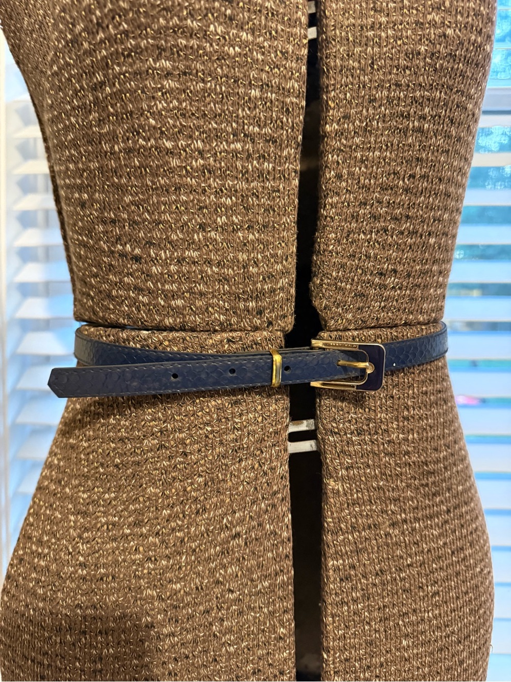 Slim Navy Leather Waist Belt with Gold Buckle